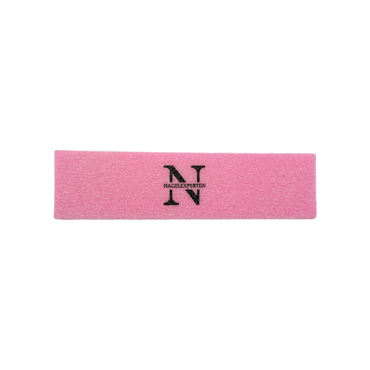 Buffer nagelfil för nagel prep och nagelförlängning i rosa färg och svart logo.